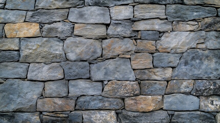 Fototapeta premium Old rustic stone wall with a variety of grey stones arranged in an uneven pattern, perfect for backgrounds that convey a sense of history and timeworn structures.