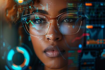 Stunning African American Woman in Glasses Examining Cutting-Edge Holographic Business Data Analytics Dashboard with AI-Generated Graphs and Financial Spreadsheets, Surrounded by Technology