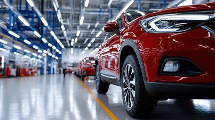 Obraz premium Red Vehicle in Modern Automotive Workshop Environment