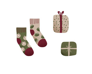 Set of unmatching christmas funny socks with frogs and bears and gifts - hand drawn illustration clipart template