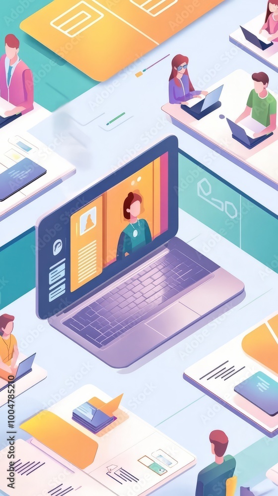 Poster global team collaboration: an isometric illustration depicting a vibrant, diverse team seamlessly co