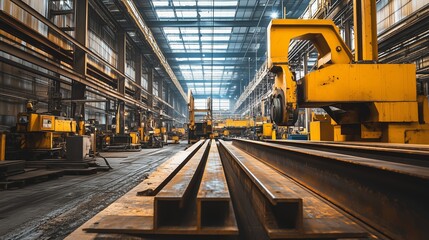Large industrial warehouse with heavy machinery and steel beams during daylight hours in a manufacturing facility