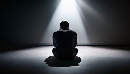 Ein trauriger, einsamer Mann allein in einem Raum im Spotlight (Konzept: Einsamkeit und Depression)