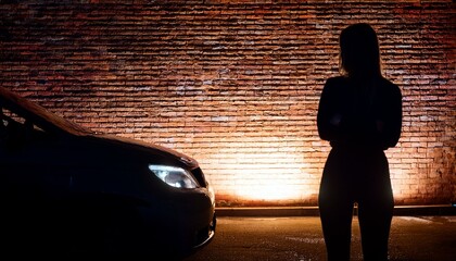 Silhouette einer Prostituierten in einer Gasse im Scheinwerferlicht eines Autos.