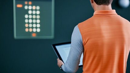 Golfer analyzing their swing on a tablet, digital feedback overlay, merging technology with technique