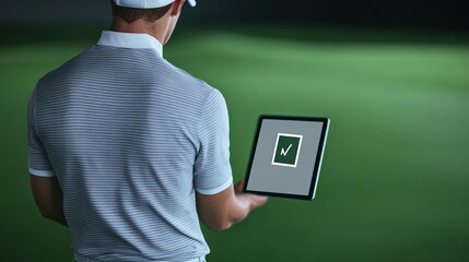 Golfer analyzing their swing on a tablet, digital feedback overlay, merging technology with technique