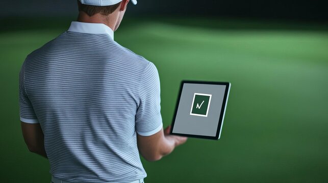 Golfer analyzing their swing on a tablet, digital feedback overlay, merging technology with technique