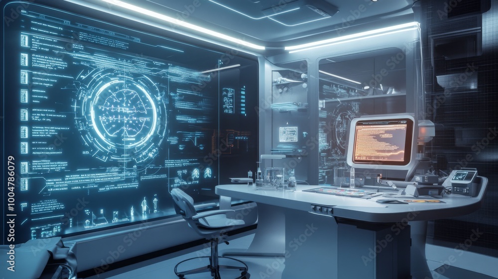 Poster An advanced laboratory workspace is illuminated by glowing blue digital interfaces and screens