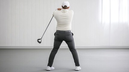 Obraz premium Golfer performing a slow, deliberate swing, emphasizing form, captured in a minimalist indoor training room