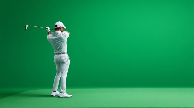 Golfer practicing in front of a green screen, using virtual feedback, innovative approach to precision training