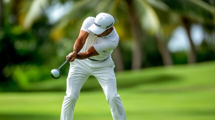 Golfer s eyes locked on the ball, intense determination, wind ruffling clothes, representing focus and precision