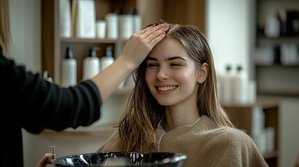 Naklejka premium Smiling young woman getting her hair treated at a salon, wrapped in a towel, evoking a sense of relaxation, care, and beauty. Concept of self-care, wellness, and personal grooming. 