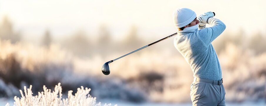 Golfer s breath visible in the chill air as they execute a flawless swing, precision in the cold