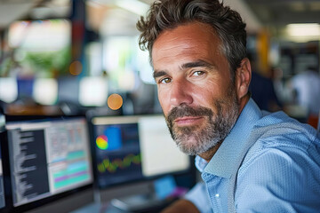 Title: Handsome Businessman with Stylish Beard and Glasses Multi-Tasking in the Office