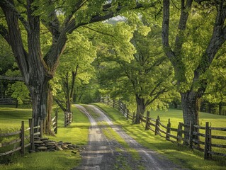 Obraz premium Country driveway, towering trees, rustic wooden fence, green field, serene atmosphere, peaceful landscape, rural setting.