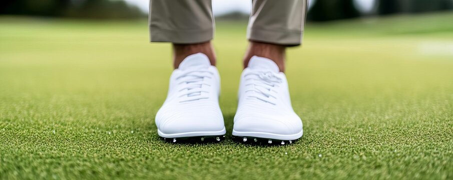 Golfer s feet perfectly aligned on the tee, demonstrating balance and accuracy, morning dew visible on the grass