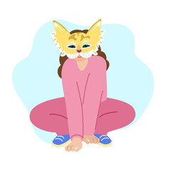 Furry teen sitting. Therian girl in cat mask. Quadrobics fandom subculture. Teenager in animal costume, tail, furry mask. Therianthropy, disguise.