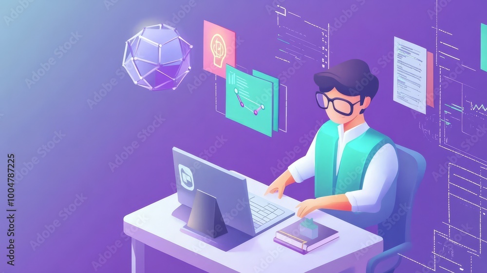 Poster tech visionary: isometric illustration of a focused programmer