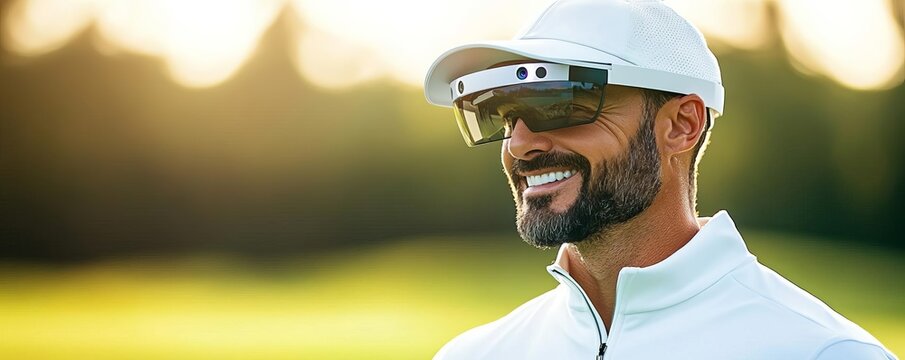 Golfer wearing augmented reality glasses, blending tech with training