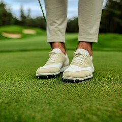 Fototapeta premium Golfer's feet perfectly positioned on the tee, slight bend in the knees, showcasing balance and stance on a well-manicured course