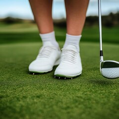 Golfer's feet perfectly positioned on the tee, slight bend in the knees, showcasing balance and stance on a well-manicured course