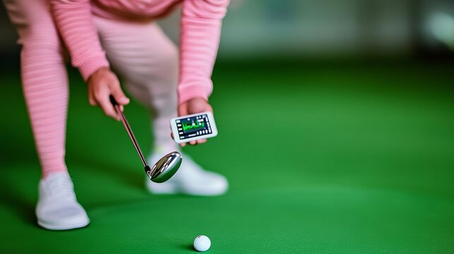 Golfer with a precision swing analyzer attached to their club, showing data on a smart device, modern training aids