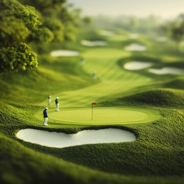 High-angle view of a golf course, highlighting precision placement of golfers in action across the terrain