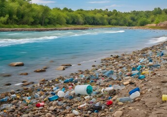Pollution of nature river beach