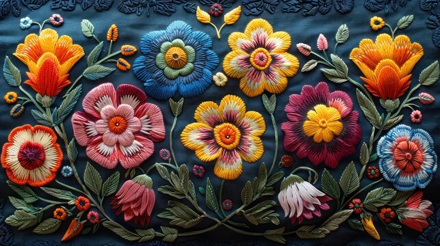 Vibrant Traditional Hungarian Kalocsa Embroidery Patterns: Hand-Painted Floral Designs on Fabric, Colorful Folk Art, Authentic Textile Craftsmanship from Hungary