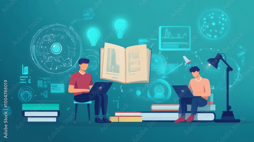 Poster collaborative learning: two students engrossed in their laptops, surrounded by books and a glowing o
