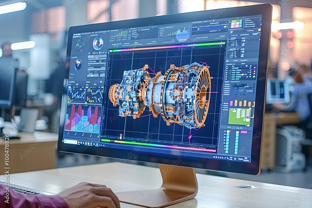 Poster detailed image of 3d cad software designing industrial engine modelrevealing the complexities of dig