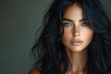 Fototapeta premium confident woman with luxurious long wavy black hair showcasing a makeup concept the soft lighting enhances her features radiating beauty and selfexpression in a captivating portrait