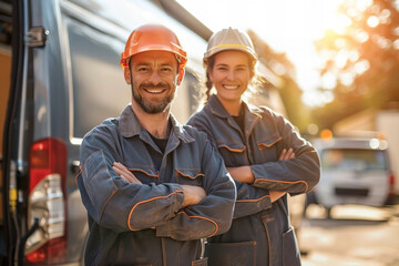 Pair of grinning technicians in coordinating overalls pose with arms crossed in front of a maintenance vehicle.