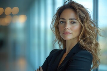 Obraz premium confident mature latin female ceo in a tailored suit stands in a sleek office arms crossed gazing out a large window embodying success and leadership in a side profile view
