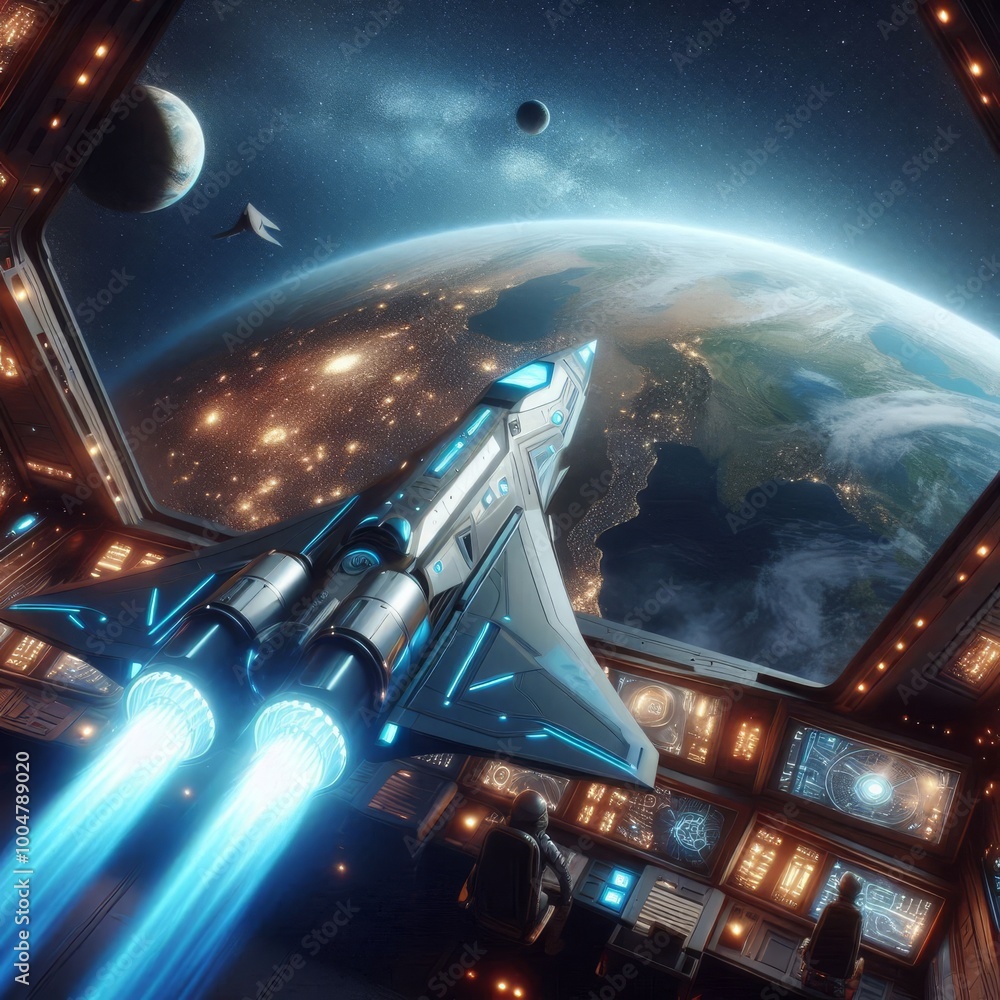 Poster a dynamic illustration depicting a spacecraft launching from a futuristic command center in space, w