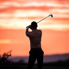 Sunset silhouette of a golfer, swing in perfect form, the sky painted in hues of orange and pink