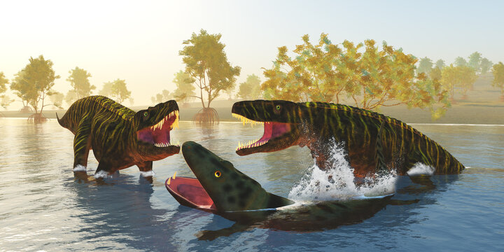 Batrachotomus attack Mastodonsaurus - Two Batrachotomus reptiles corner a Mastodonsaurus during the Triassic Period of Europe.