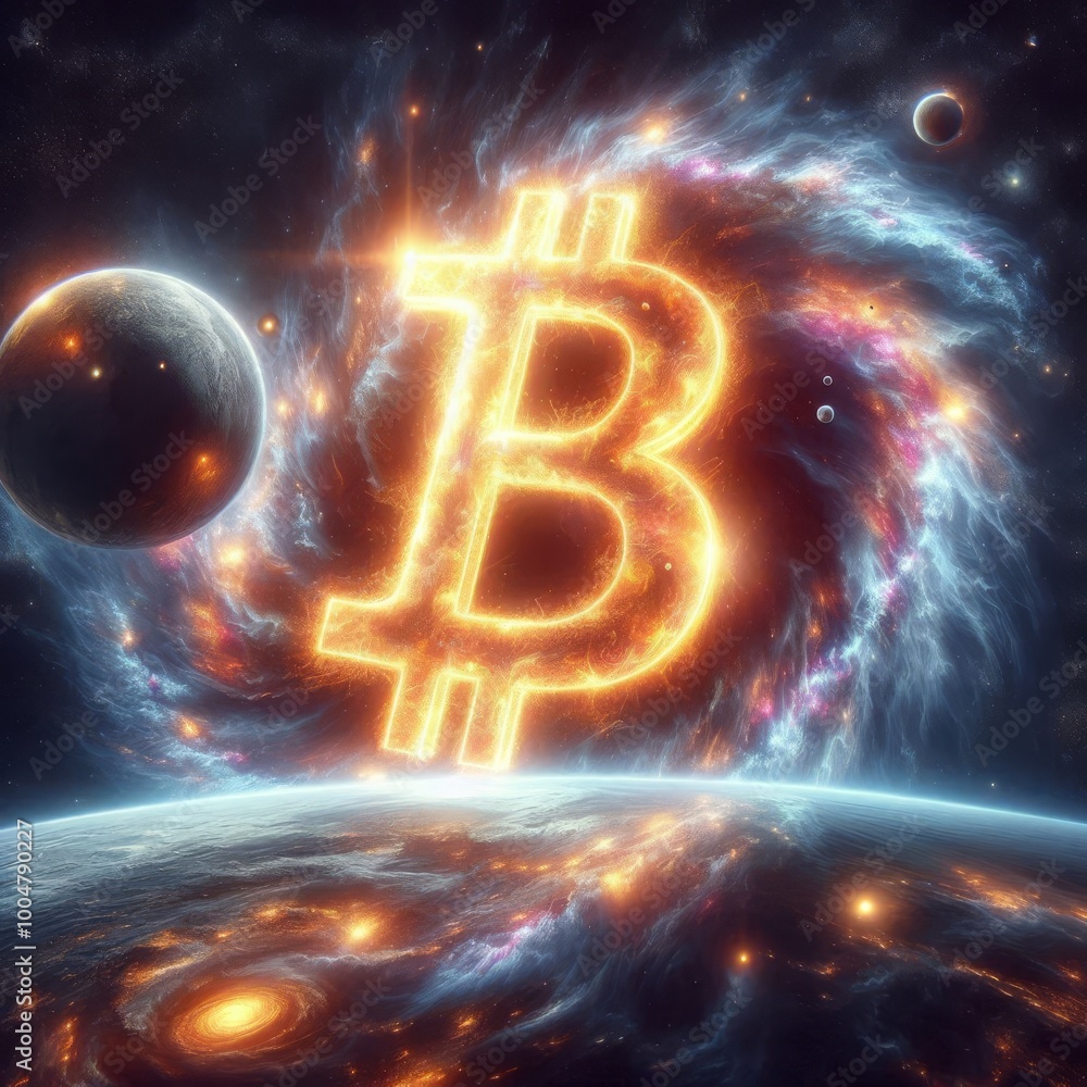Aufkleber a vibrant digital art depiction of a glowing bitcoin symbol floating in outer space. surrounded by p