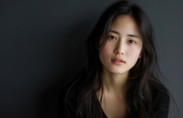 Fototapeta premium Young Asian Woman Posing at an Empty Marble Table with a Black Wall Background