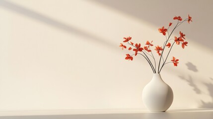 White vase with red flowers against a neutral background, minimalist decor concept