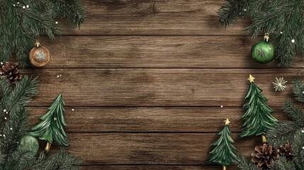Sfondo di legno scuro, decorato per Natale con rami di pino e ornamenti. Ampio spazio per auguri personalizzati