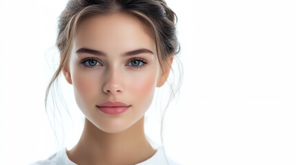 Naklejka premium a woman with a white shirt and a ponytail is posing for a picture with a white background