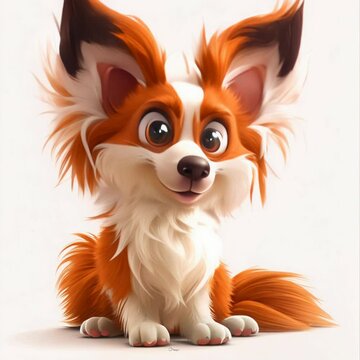 A delightful papillon dog with vibrant orange and white fur joyfully interacts with a variety of colorful toys in a playful, welcoming environment filled with light.