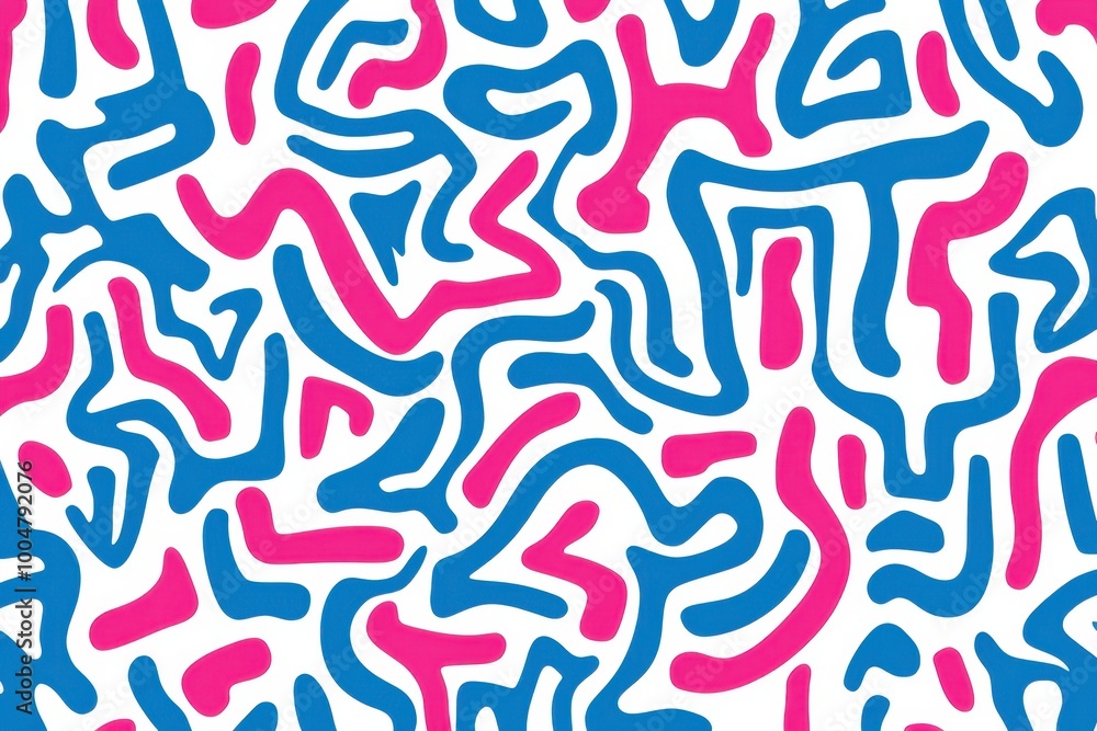 Poster blue and pink thick line graffiti pattern, a repeating pattern on a white background, featuring simp