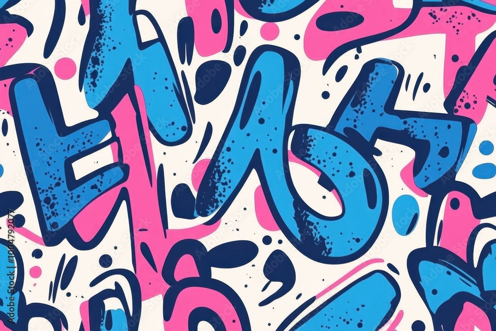 Poster blue and pink thick line graffiti pattern, a repeating pattern on a white background, featuring simp