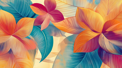 Colorful abstract pattern of leaves in soft shades of pink, orange, blue, and green, with a layered and textured appearance, ideal for artistic and decorative backgrounds.