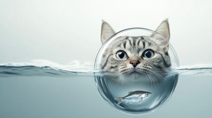 Fototapeta premium A cat looking out of a fish's eye through water, AI