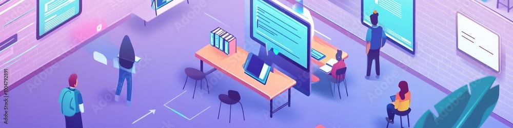 Poster teamwork in tech hub: isometric illustration of a collaborative tech workspace, showcasing diverse t