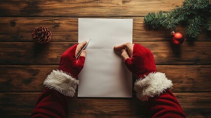 Obraz premium Le mani di Babbo Natale mostrano una pergamena vuota, dove si possono inserire le richieste per i doni. 