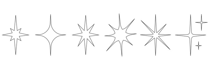 Collection of icons with sparkling stars. Shiny icons of different shapes. Set of original stars.Vector illustration.
